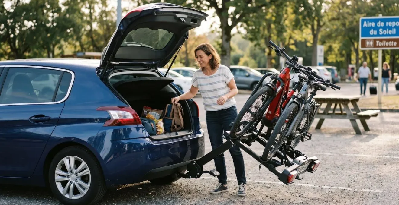 Système de basculement à pédale permettant l'accès au coffre avec vélos électriques chargés