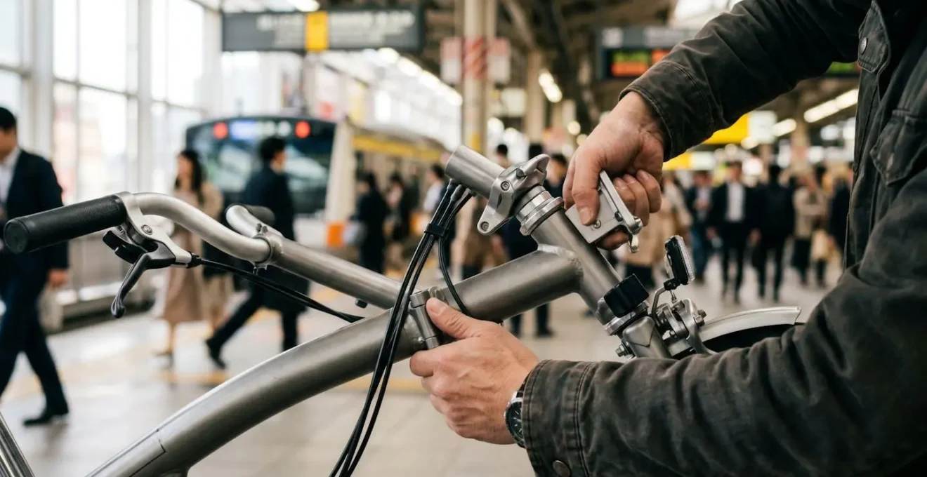 Démonstration du système de pliage en trois étapes d'un vélo pliant compact