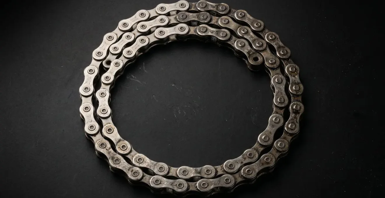 Vue macro de trois chaînes de vélo marquées A, B et C disposées en rotation