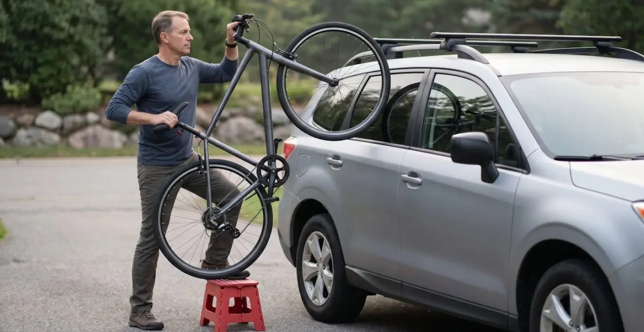 Personne chargeant un vélo sur le toit d'un SUV en utilisant la technique du pivot avec marchepied pliant