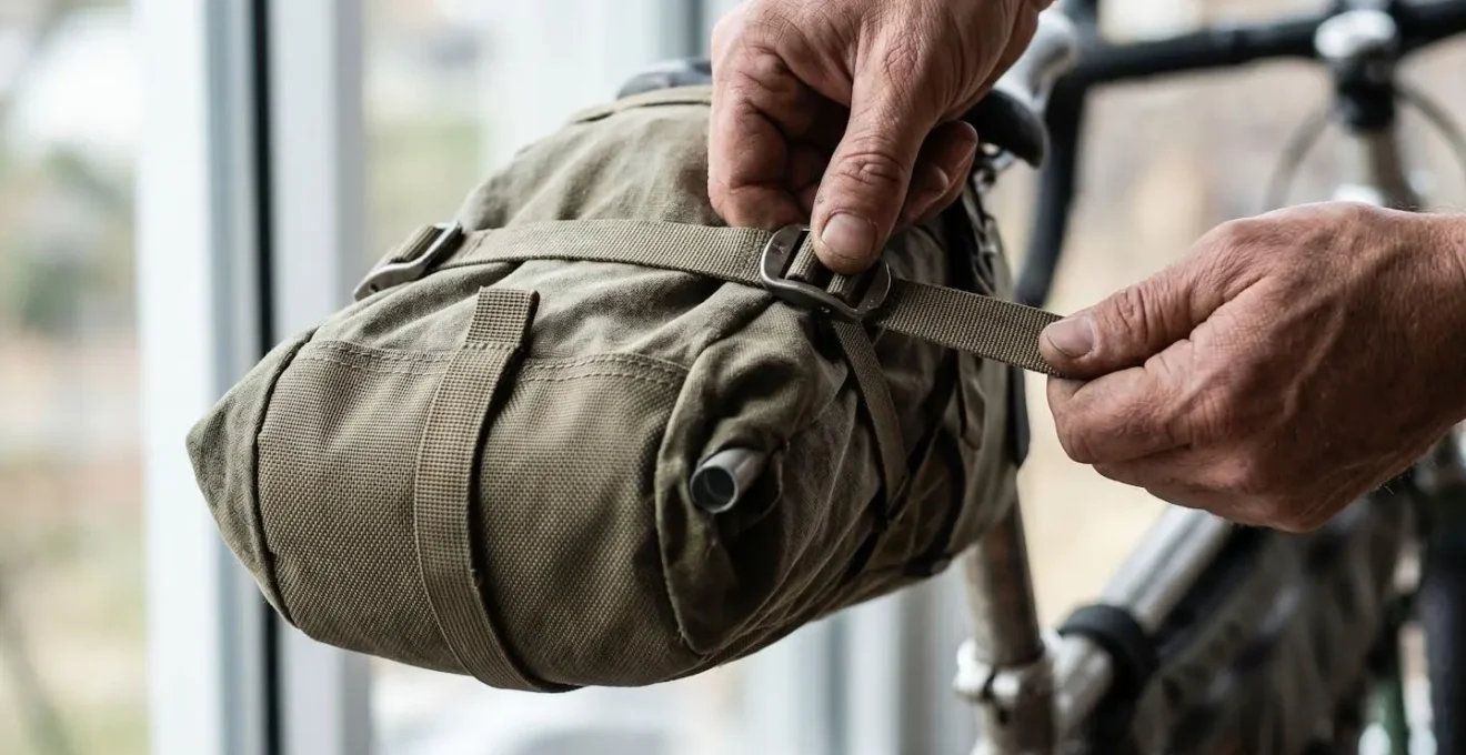 Démonstration de la technique de compression d'une sacoche de selle avec structure interne rigide