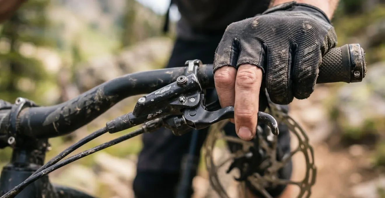 Gros plan sur les mains d'un cycliste actionnant les freins d'un vélo électrique en descente