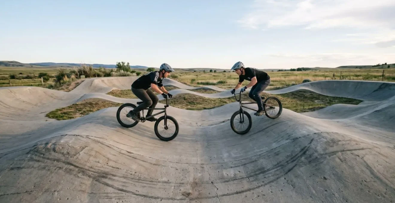 Rider BMX en pleine technique de pompage sur un pump track avec mouvement de flexion-extension visible