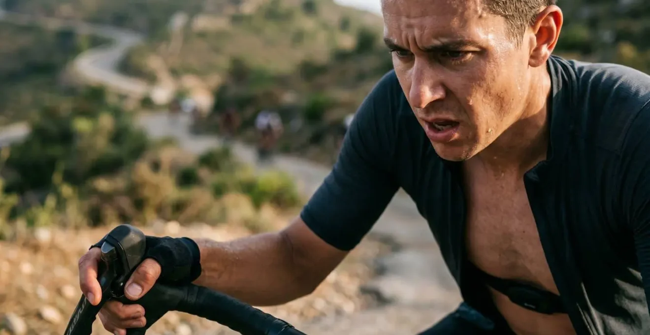 Cycliste effectuant un test en côte avec cardiofréquencemètre