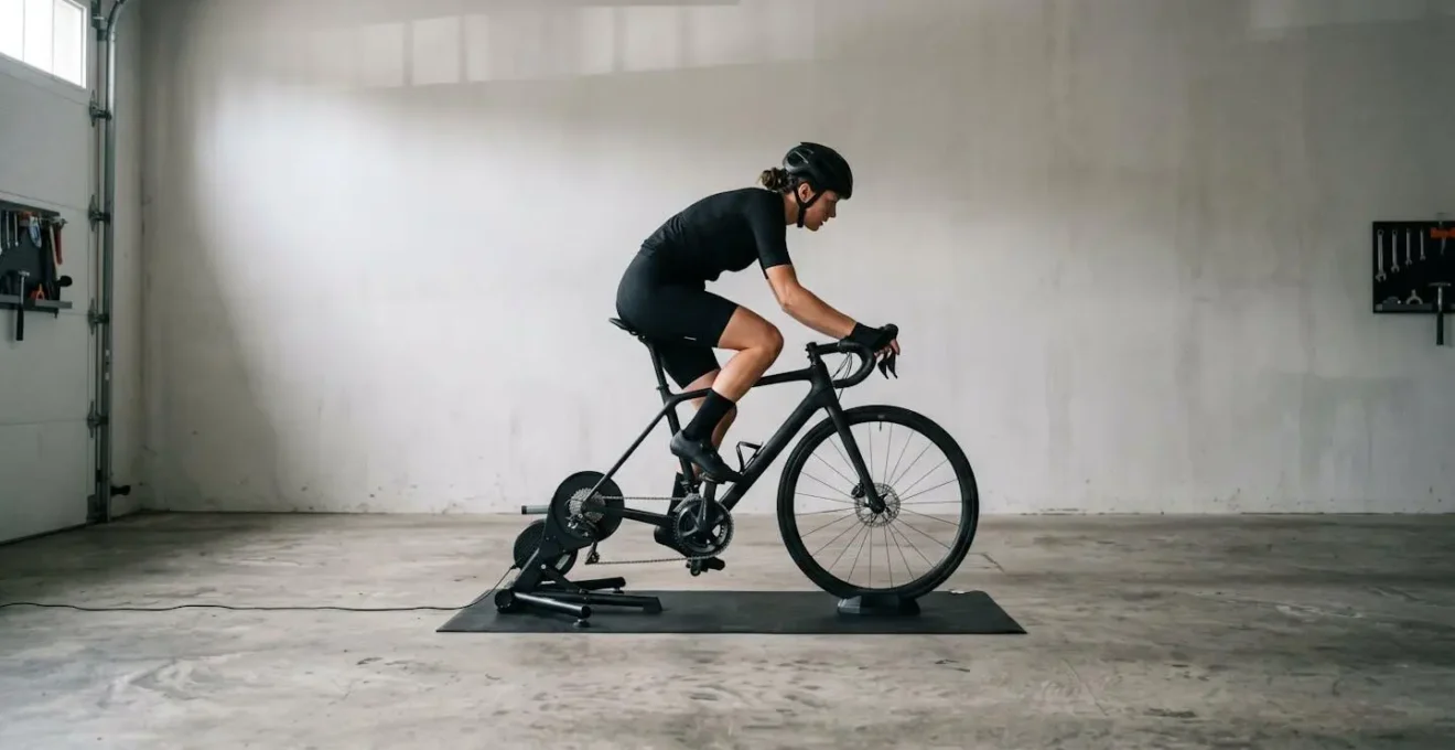 Cycliste testant l'origine d'un craquement en pédalant avec un seul pied sur home trainer