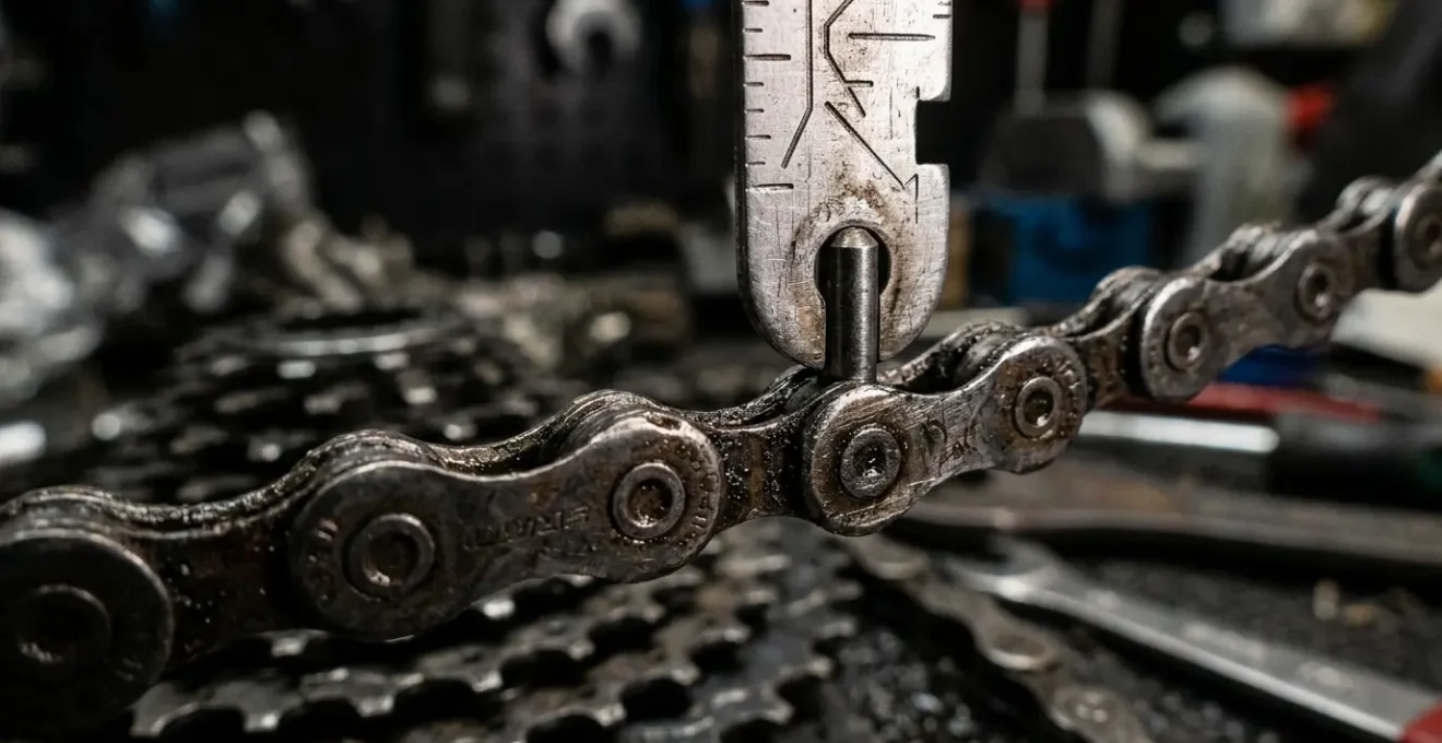 Vue rapprochée d'un testeur de chaîne métallique positionné sur les maillons d'une transmission