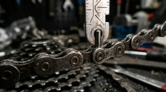 Vue rapprochée d'un testeur de chaîne métallique positionné sur les maillons d'une transmission