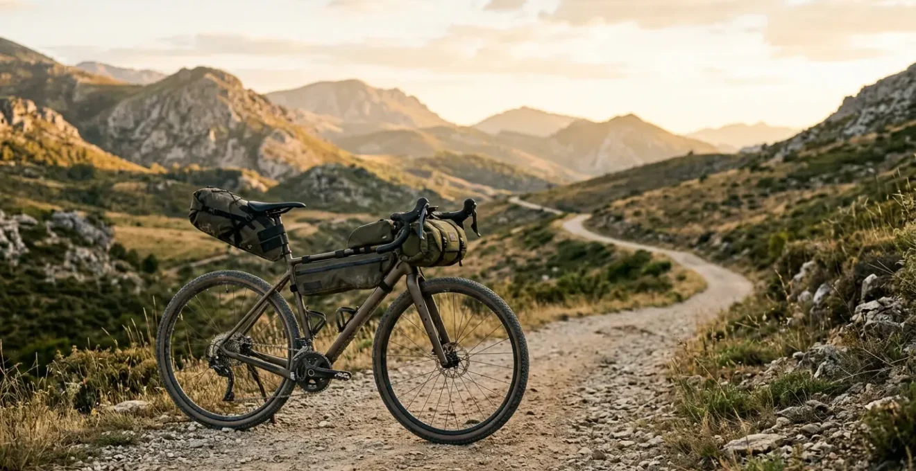Vélo de bikepacking équipé de sacoches parfaitement équilibrées sur un sentier de montagne