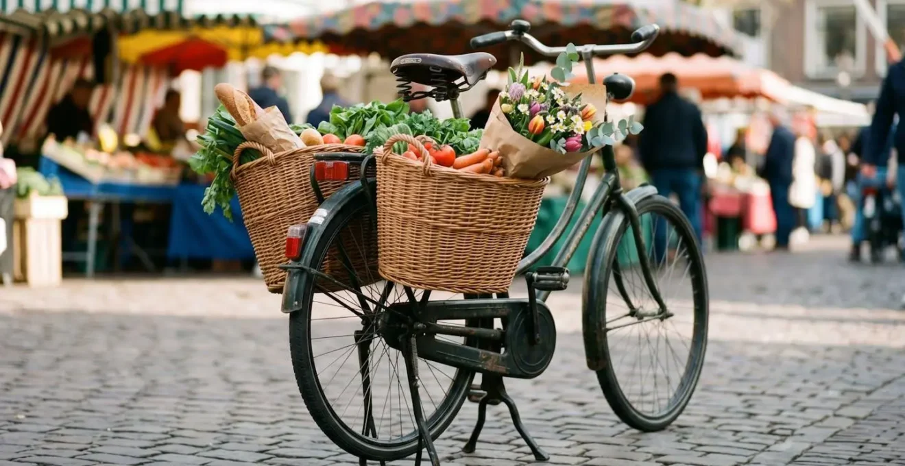 Vélo hollandais chargé de paniers, stable sur sa béquille centrale double devant un étal de marché coloré.