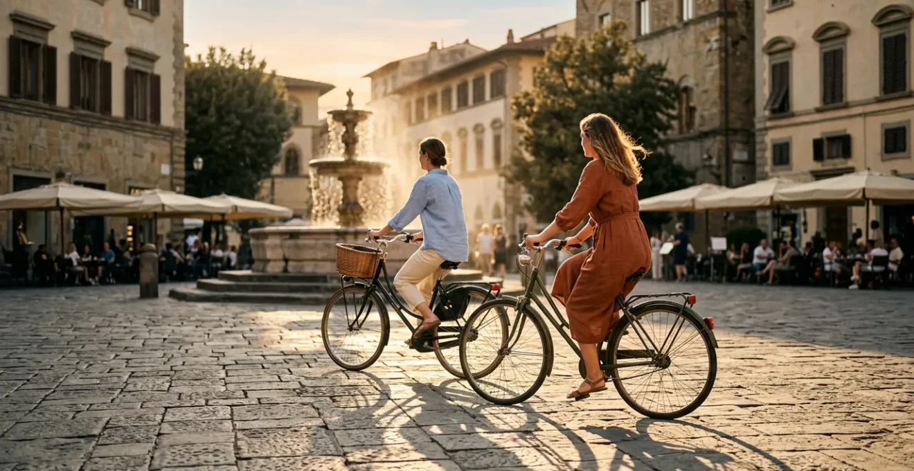 Deux cyclistes élégants sur vélos hollandais et vintage traversant une place pavée en ville au soleil couchant
