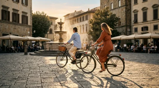Deux cyclistes élégants sur vélos hollandais et vintage traversant une place pavée en ville au soleil couchant