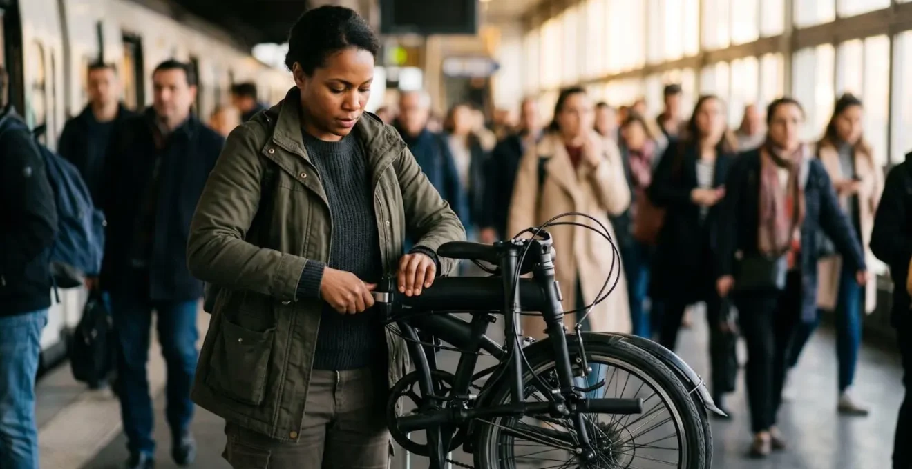 Passager repliant son vélo compact sur le quai d'un RER bondé aux heures de pointe
