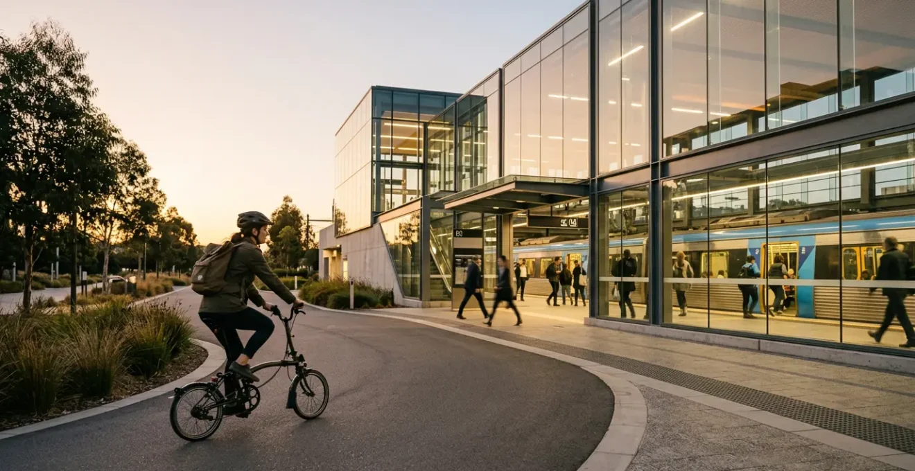 Cycliste avec vélo pliant se dirigeant vers une gare moderne au lever du soleil, avec train et piétons en arrière-plan