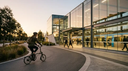 Cycliste avec vélo pliant se dirigeant vers une gare moderne au lever du soleil, avec train et piétons en arrière-plan