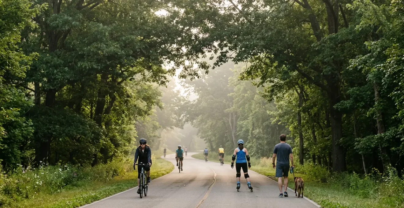 Voie verte partagée entre cyclistes, piétons et rollers dans un environnement naturel