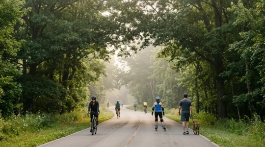 Voie verte partagée entre cyclistes, piétons et rollers dans un environnement naturel