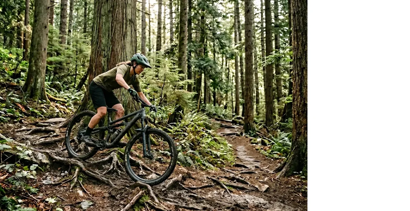 Cycliste VTT franchissant un obstacle naturel sur terrain technique en forêt