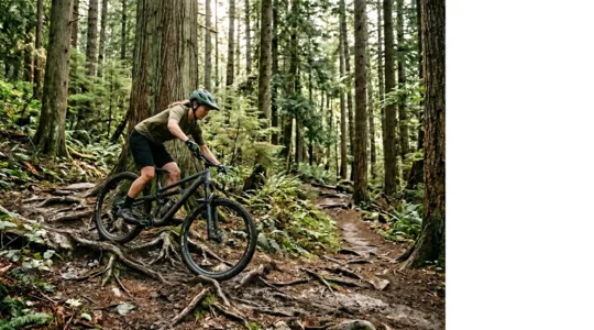 Cycliste VTT franchissant un obstacle naturel sur terrain technique en forêt
