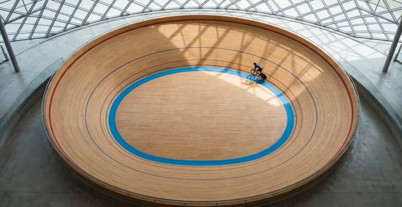 Vue aérienne d'un cycliste progressant depuis la côte d'azur vers les lignes supérieures du vélodrome