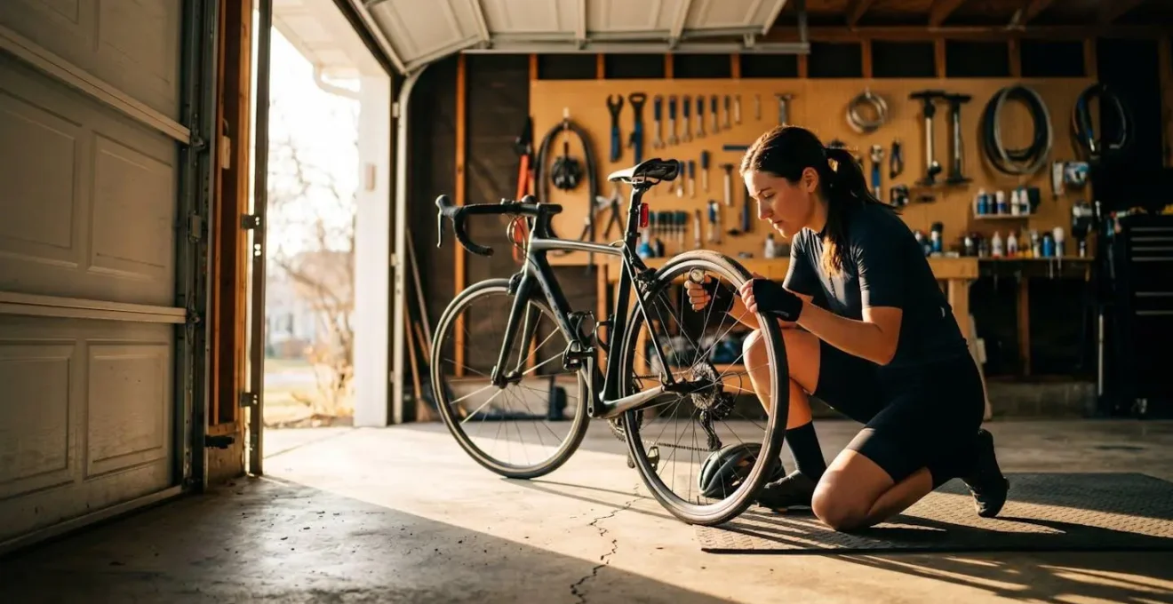 Vue grand angle d'un cycliste effectuant sa vérification de sécurité dans un garage éclairé