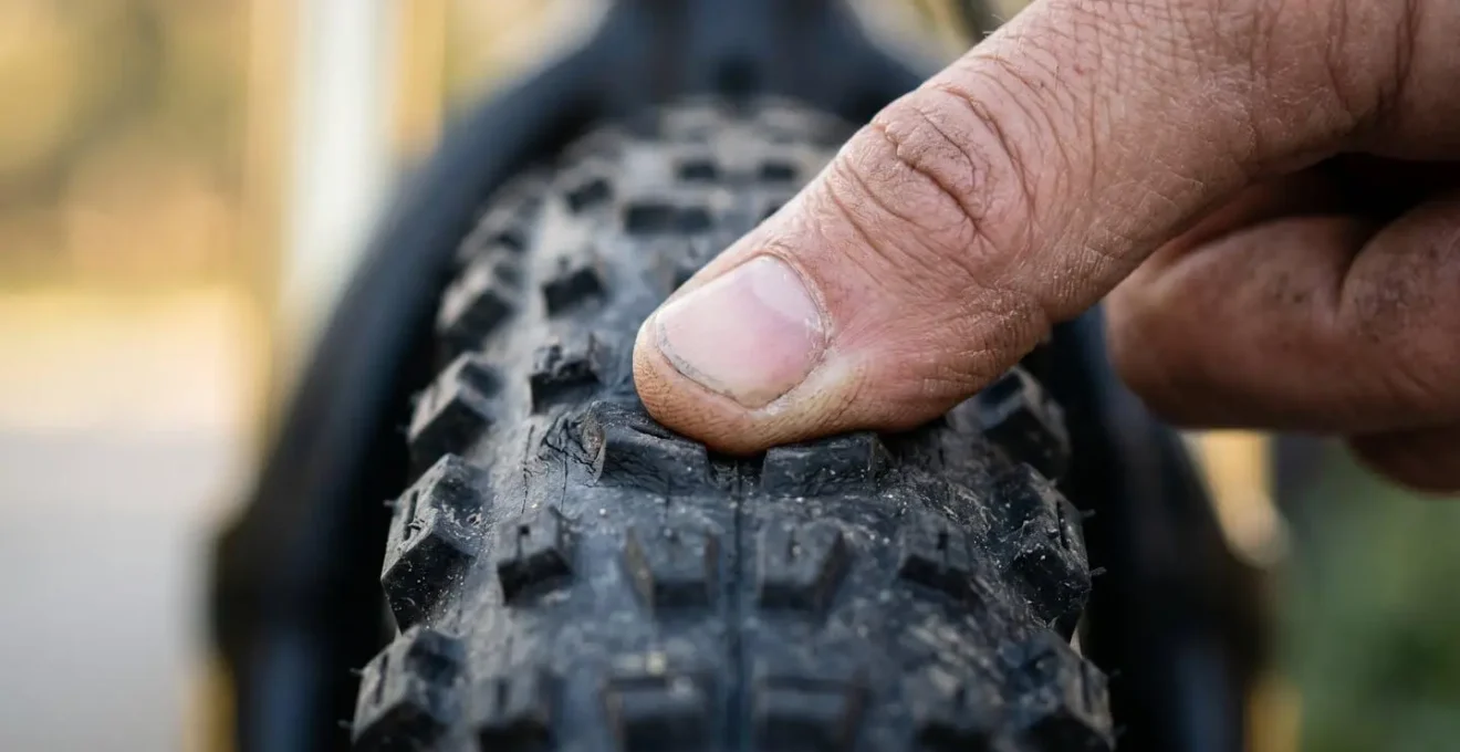 Main testant la pression d'un pneu de vélo par pression du pouce sur la bande de roulement