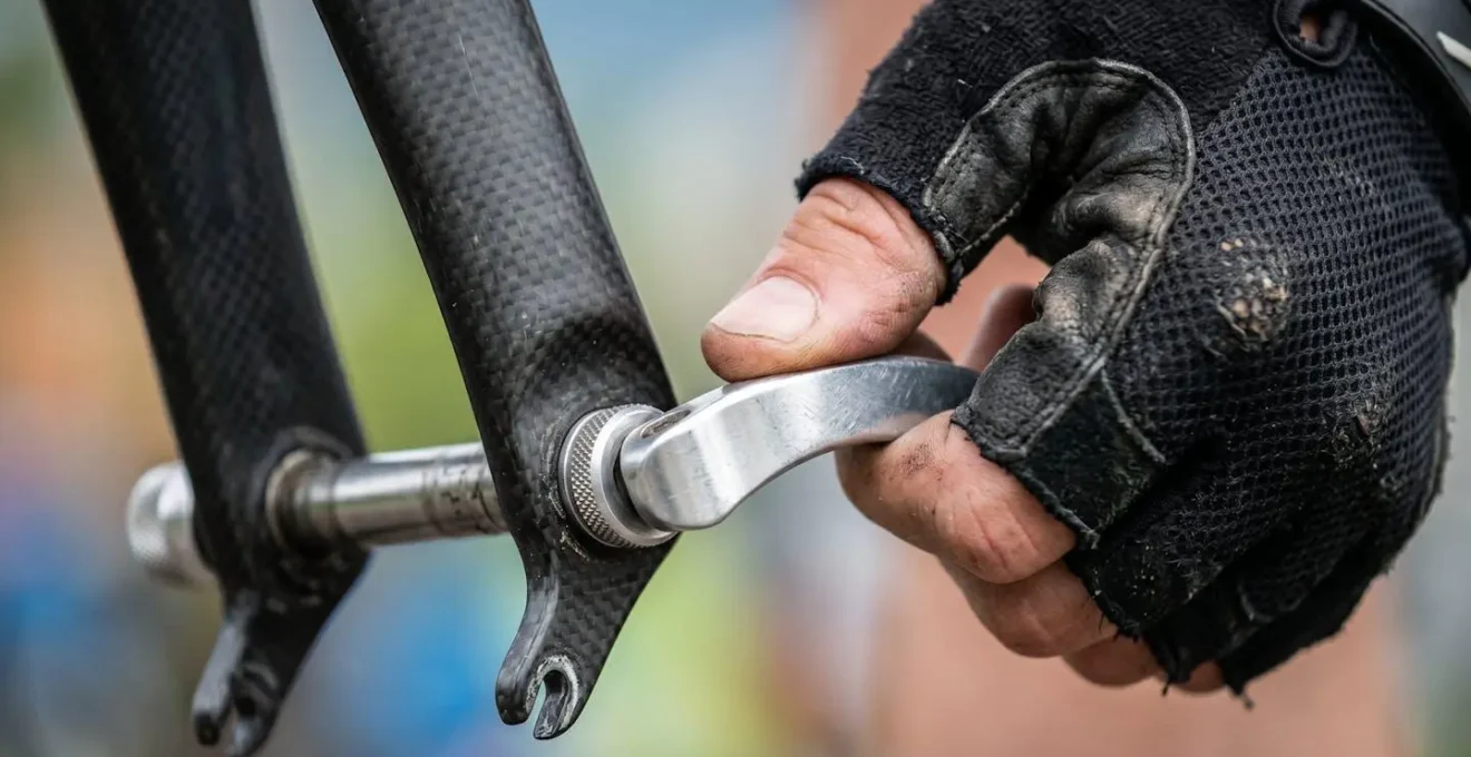 Gros plan sur les mains d'un cycliste vérifiant le serrage d'un axe traversant de roue