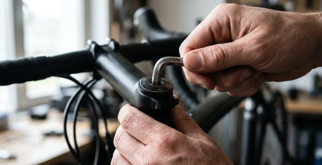 Gros plan sur une main utilisant une clé Allen pour vérifier le serrage d'une potence de vélo