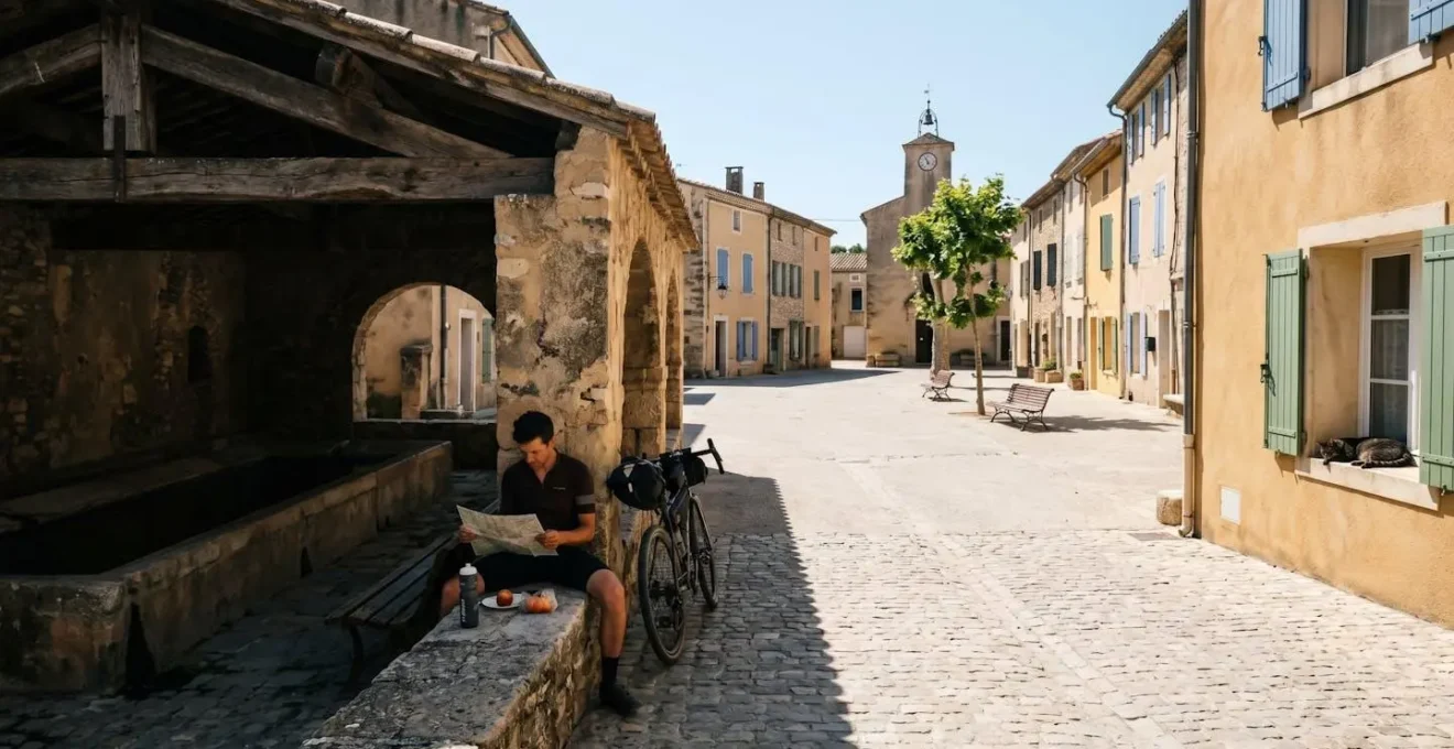 Cycliste se reposant à l'ombre d'un lavoir dans un village désert pendant les heures chaudes de l'après-midi