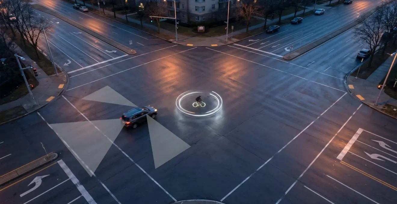 Vue aérienne d'un carrefour montrant les zones d'angle mort et la position optimale du cycliste pour être visible