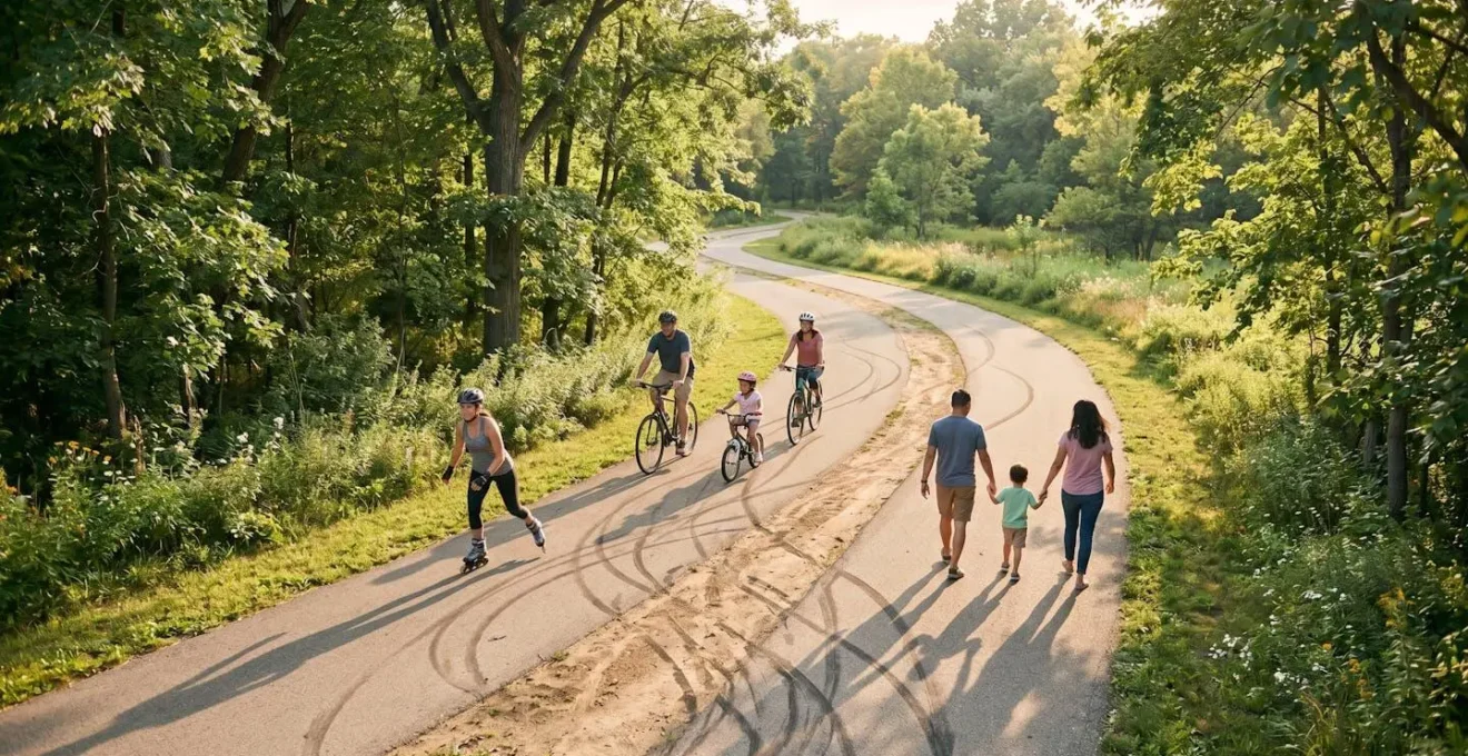 Voie verte avec cyclistes ralentissant courtoisement derrière un groupe de piétons et rollers