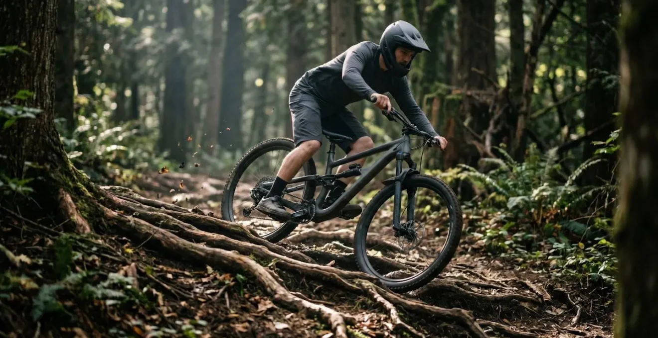 VTTiste franchissant des racines en forêt avec technique de dissociation
