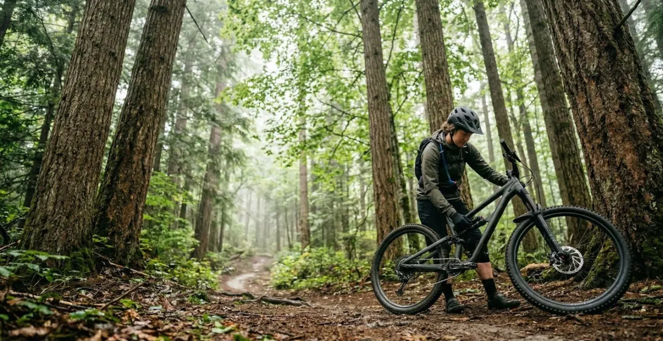 VTTiste sur un sentier forestier avec son VTT sur fond de forêt verdoyante
