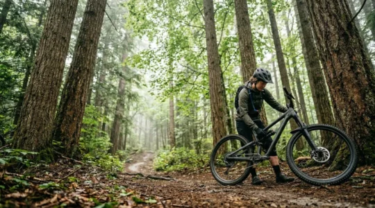 VTTiste sur un sentier forestier avec son VTT sur fond de forêt verdoyante