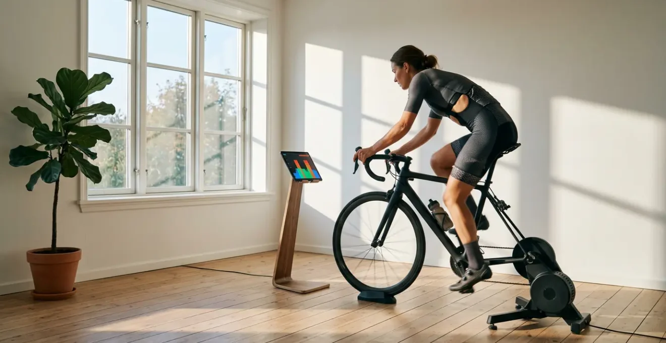 Cycliste sur home-trainer en zone 2 avec moniteur de fréquence cardiaque