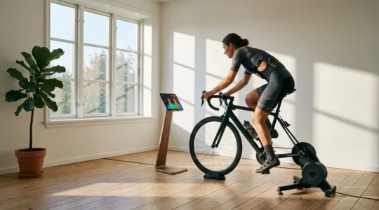 Cycliste sur home-trainer en zone 2 avec moniteur de fréquence cardiaque