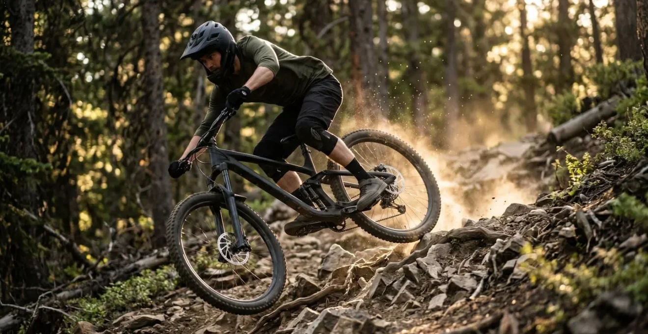 VTTiste utilisant une tige de selle télescopique en descente technique