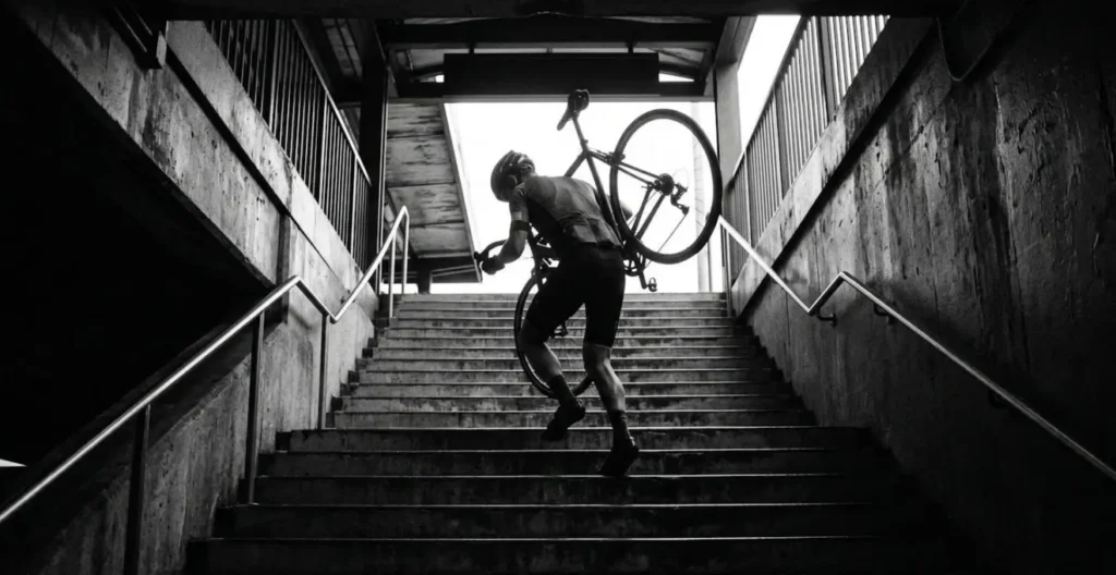Cycliste portant son vélo sur l'épaule dans un escalier de gare Cycliste portant son vélo sur l'épaule dans un escalier de gare