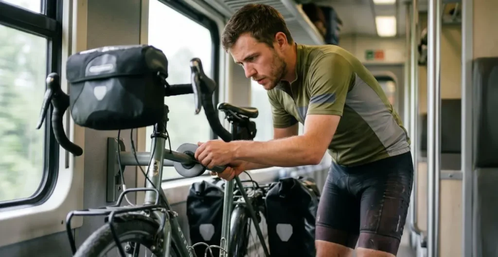 Cycliste positionnant son vélo dans l'espace dédié d'un train Cycliste positionnant son vélo dans l'espace dédié d'un train